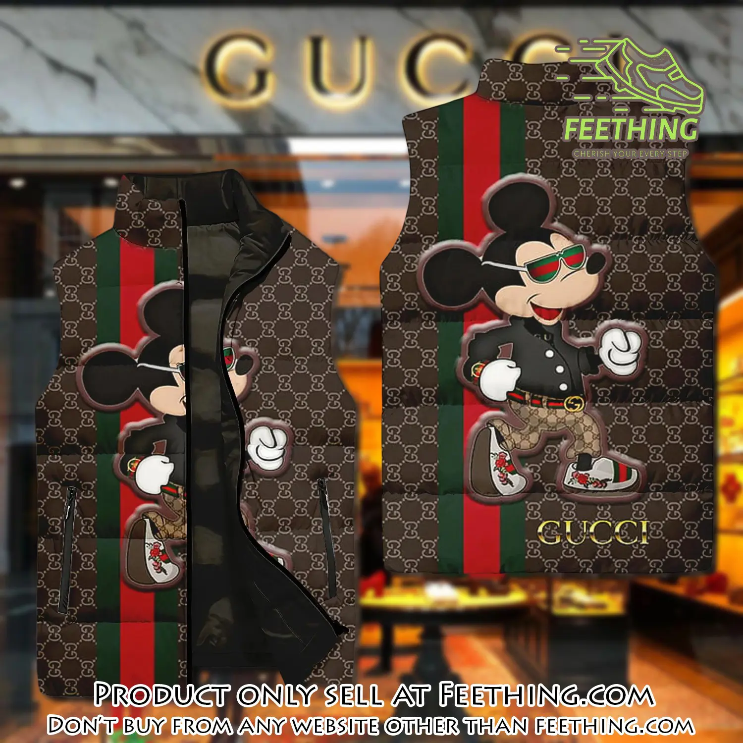 Gucci mickey mouse brown luxury brand 3d sleeveless down jacket ft5611005